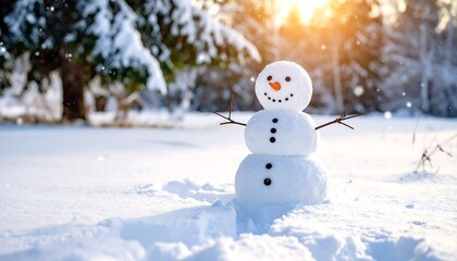 Snowman Standing in Winter Wonderland Scene.