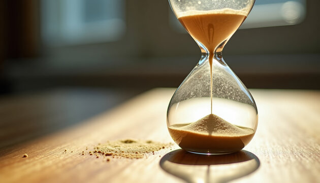 Close-up of a glass hourglass where sand is leaking or spilled on a wooden surface. Symbolizes lost opportunities, deadline, ending, and the unstoppable passage of time.
