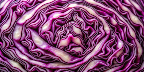 Obraz premium A close-up of purple cabbage highlights the intricate layers and folds of its leaves. The texture and pattern resemble a flower's petals. The scene is set on a kitchen counter