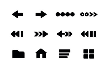 Solid vector icons of search navigation controls: backarrow, forwardarrow, breadcrumb, pagination, pagefirst, pagenext, pageprev,