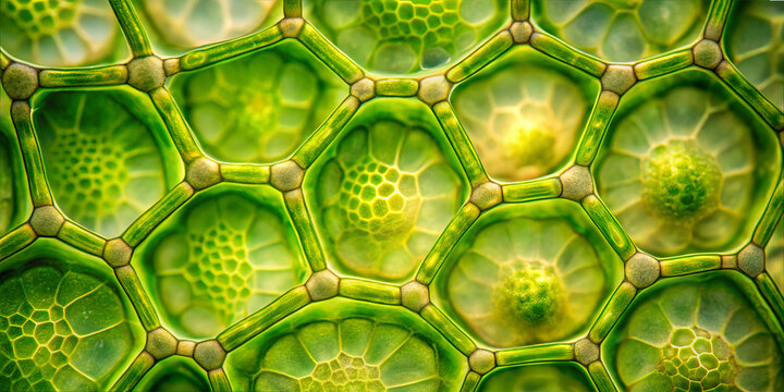 A close view displays plant cells with green patterns and structures. The focus shows the details of cell walls and chloroplasts in a lab setting