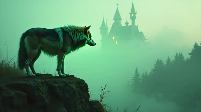 Majestic wolf standing on cliff with misty castle in background. Wolf observes enchanting scenery with mysterious atmosphere in foggy landscape.