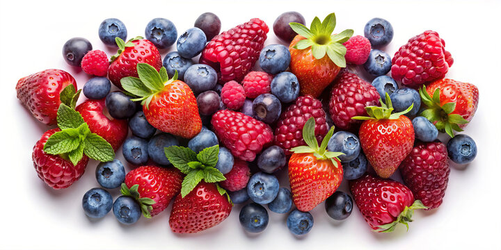 Different kinds of berries are arranged together on a white surface. Strawberries, blueberries, raspberries, and fresh mint leaves create a colorful display in natural light