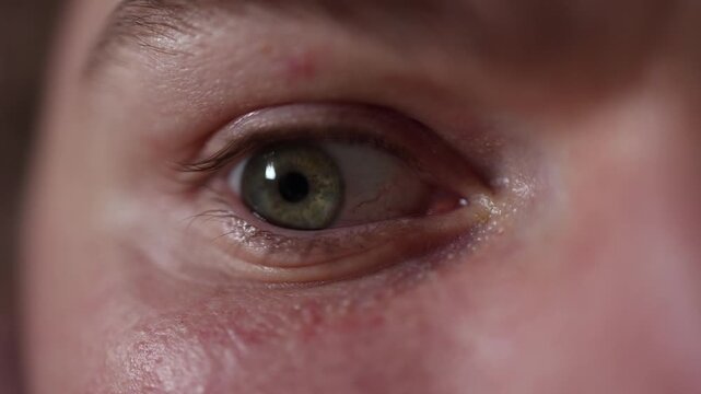 Closeup shows an eye reacting to bright light as the pupil contracts and eyelids tense capturing a natural moment of light sensitivity in a realistic macro scene