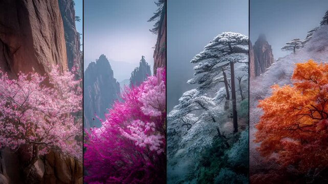 Spring snow ice thaw, end of Winter Season, hope, fresh start. A collage of four distinct landscapes, each with a distinct color palette of pink, white, orange, and green.