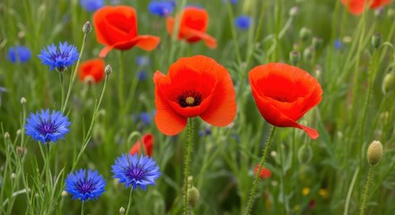 Fototapeta premium Vibrant red poppies and blue cornflowers.
