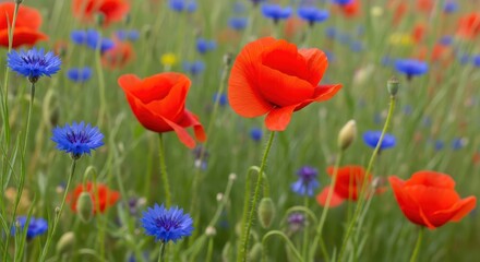 Naklejka premium Vibrant poppies and cornflowers in field.