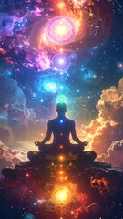 Silhouetted figure meditates amidst swirling cosmos, vibrant chakras align and glow