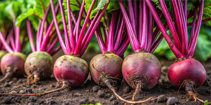 Bright red beets grow in neat rows above dark soil. Green leaves stretch upwards. Sunlight shines down in a garden, showing the details of the vegetables and the earth below