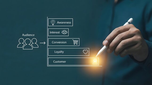 Business professional analyzing digital marketing metrics resilience innovation conversion integrity customer loyalty on futuristic interface