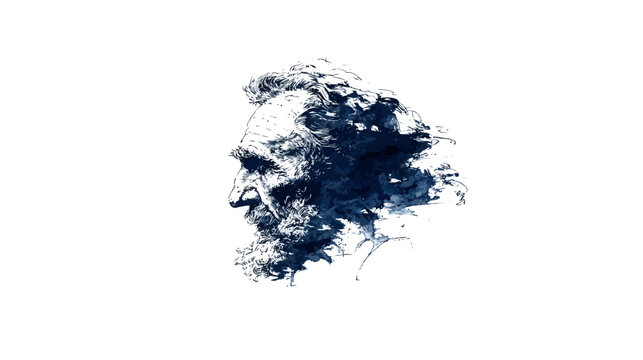 A side profile of a bearded male figure, rendered with a watercolor effect against a white background