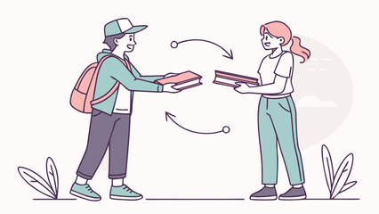 Students exchanging books in modern educational setting
