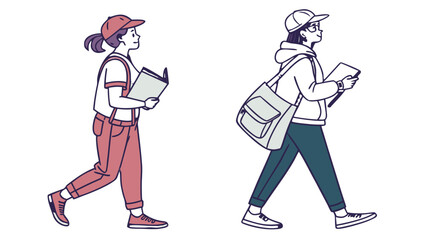 Two young adults walking while using their devices outdoors