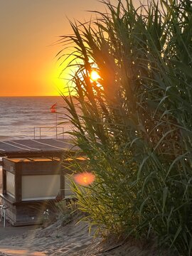 Sunset at grece Beach behind Gras with Orange sky