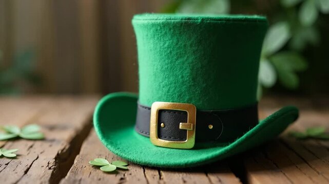 Green leprechaun hat on wooden table with clovers around, festive decor adds charm for St. Patrick's Day celebrations. Traditional leprechaun hat styled with buckle brings joy for St.