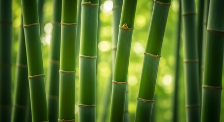 Obraz premium Vibrant green bamboo stalks in sunlight with blurred background