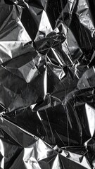 Silver crinkled material reflects light creating angular highlights and dark shadows