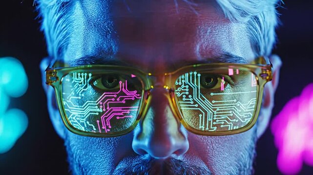 Man with digital circuit reflection in futuristic glasses