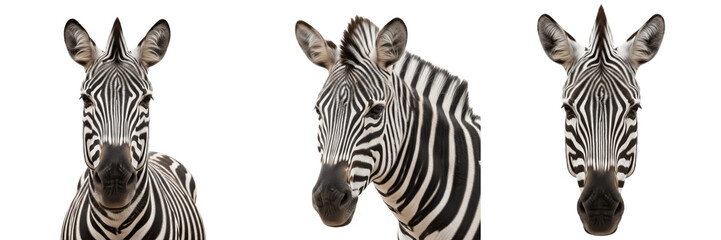 Zebra Head Close Up Equus quagga Isolated on White Background, African Striped Equid Portrait Wildlife Studio Cutout