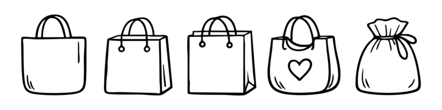 Set of hand-drawn shopping bag and eco-bag icons in minimalist doodle style. Black and white line art for retail, gifts, and sustainable packaging.