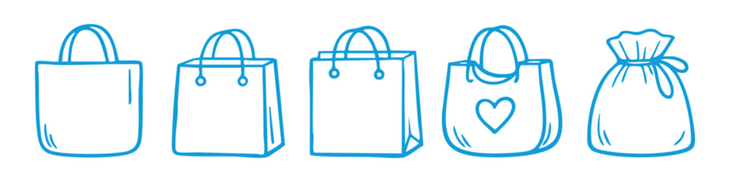 Set of hand-drawn blue shopping bag icons, including tote bags, paper bags, and a drawstring pouch, isolated on white background.
