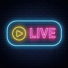Obraz premium Glowing Neon Live Stream Sign on Dark Brick Wall | Pink and Yellow Neon Play Button Icon for Broadcasting | Modern Digital Entertainment Social Media Concept | Retro Style Video Playback Design
