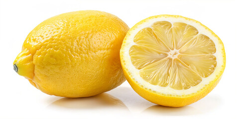 A whole lemon sits beside a cut lemon that reveals its inner structure. The surface is bright yellow and smooth. The lemon is placed on a plain white background