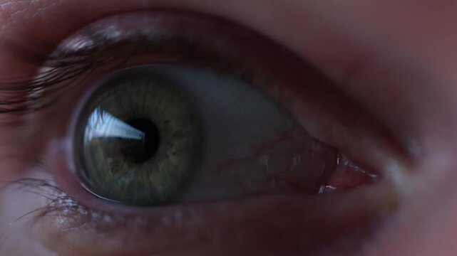 Close up of eye illuminated by monitor light intense gaming reflection in pupil revealing late night screen obsession and digital addiction concept