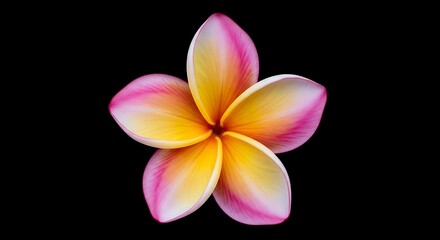 Fototapeta premium Isolated, vibrant plumeria blossom, petals in pink, yellow, and white, set against black