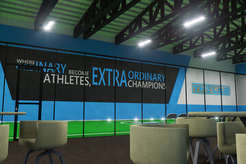 3D render of a modern indoor sports training facility and gym interior with soccer turf field and motivational quote © Ahmad