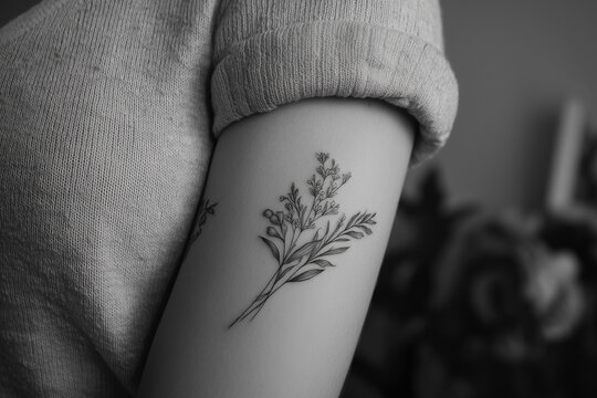Minimal Botanical Tattoo with Fine Line Floral Berry, Design
