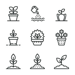Gardening and plant growth icon set featuring watering pot and flowers