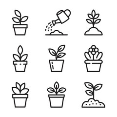 Gardening, plant growth, and cultivation simple line icons set for nature apps