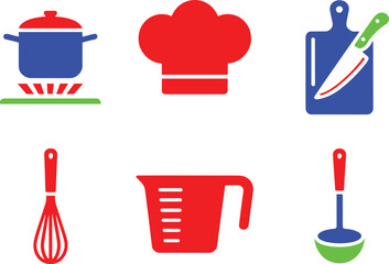 Set of six colorful cooking and kitchen utensils in red green and blue colors