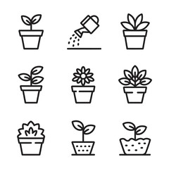 Collection of potted plants and watering can simple outline icons