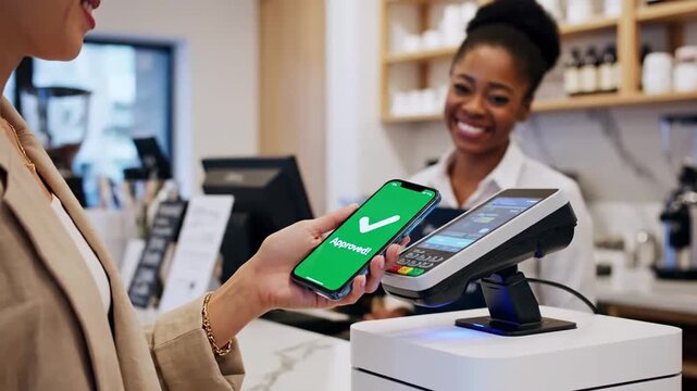 Woman making contactless payment with phone in coffee shop