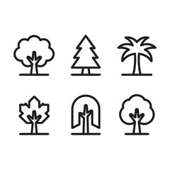 Six unique tree icons vector silhouette collection for nature