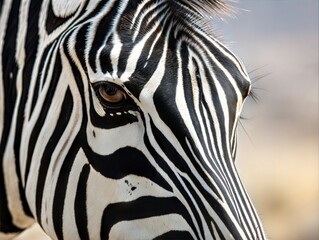 Naklejka premium A striking close-up of a zebra's face, showcasing bold black and white stripes with intricate detail. The natural lighting highlights the texture of the fur and the animal's deep gaze.
