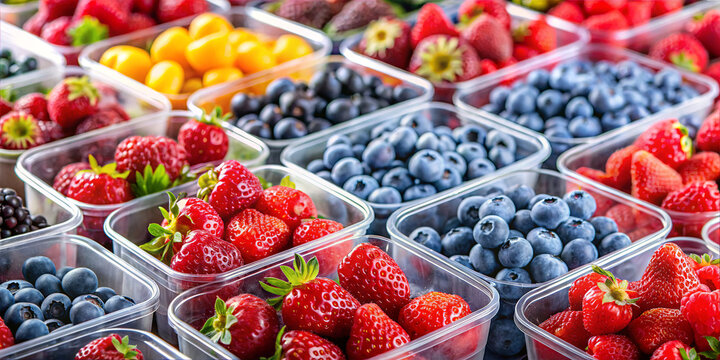 Different kinds of berries and other fruits are arranged in clear containers on a table at a market. The setting is lively and colorful, with many options available for customers