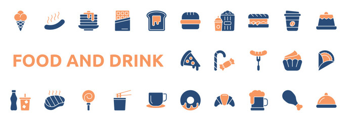 Food And Drink icon two color style with burger, popcorn, drink, sandwich, coffee cup, cake, pizza, candy, sausage, cupcake, taco, donut, croissant icons