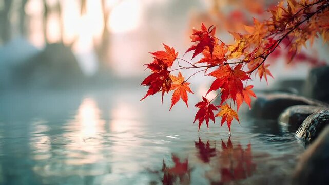 Geothermal hot springs resort, spa, bath pool, winter relaxation vacation theme. A tranquil scene of a Japanese maple tree with its vibrant red and orange leaves reflecting in the still water.
