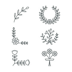 Floral and leaf decorative elements for design corner accent wreath