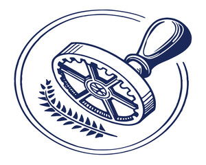 Vintage style industrial gear and laurel wreath rubber stamp illustration, vector