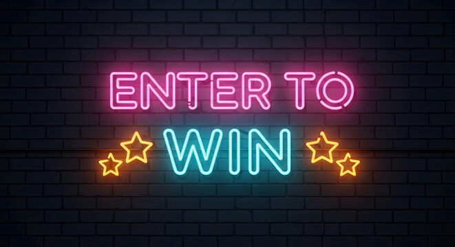 Enter to Win Neon Sign on Dark Brick Wall | Giveaway Promotion and Sweepstakes Concept | Vibrant Pink and Blue Glowing Text with Stars | Marketing Banner for Contests and Lucky Draws | Prize Luck