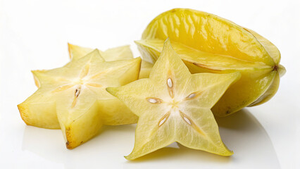 Fototapeta premium Star fruit pieces are cut and placed on a white surface. The slices show their star shape and smooth skin. This fruit is bright and fresh, ready for eating or decoration