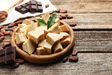 Organic cocoa butter, beans and chocolate pieces on wooden table, closeup. Space for text