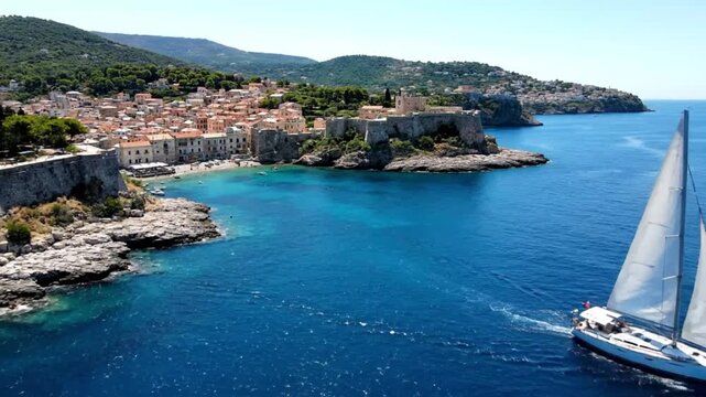 Sailboat in turquoise sea with old town on rocky coastline in warm sunny lighting for travel brochure