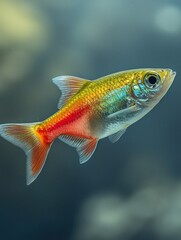 Fototapeta premium A close-up of a colorful small fish swimming in an aquarium, with light-reflecting scales