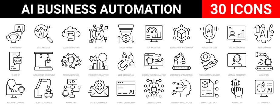 AI Business Automation Icon Set. Editable Stroke Outline Vector for Digital Transformation Smart Workflow. Artificial Intelligence