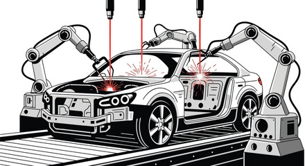 Fototapeta premium Automotive robotic arms welding a modern car on an automated factory assembly line in a clean flat vector illustration style for smart manufacturing and industrial technology.